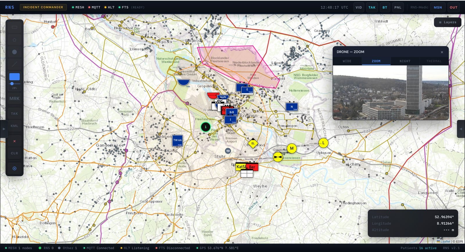RNS Incident Commander: taktische Karte mit NATO-Symbolik, Polygonzone und Drohnenbild