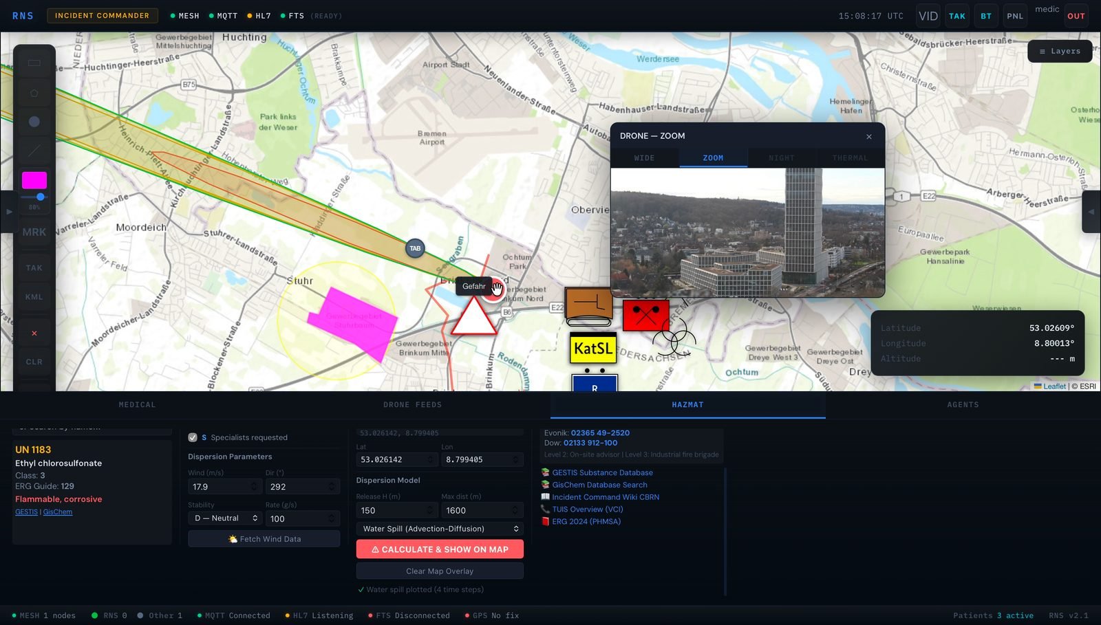 Incident Commander Gefahrgut-Tab mit UN-Stoffabfrage und Ausbreitungswolke auf der Karte